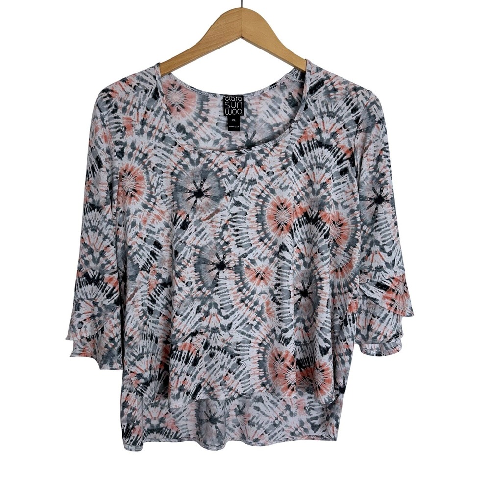 Clara Sun Woo Tie Dye Top Women's PL 3/4 Bell Sleeve Slinky Knit Bohemian Hippie